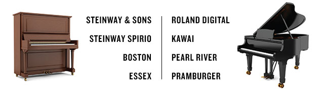 Steinway & Sons, Steinway Spirio, Boston, Essex, Roland Digital, Kawai, Pearl River, Pramburger