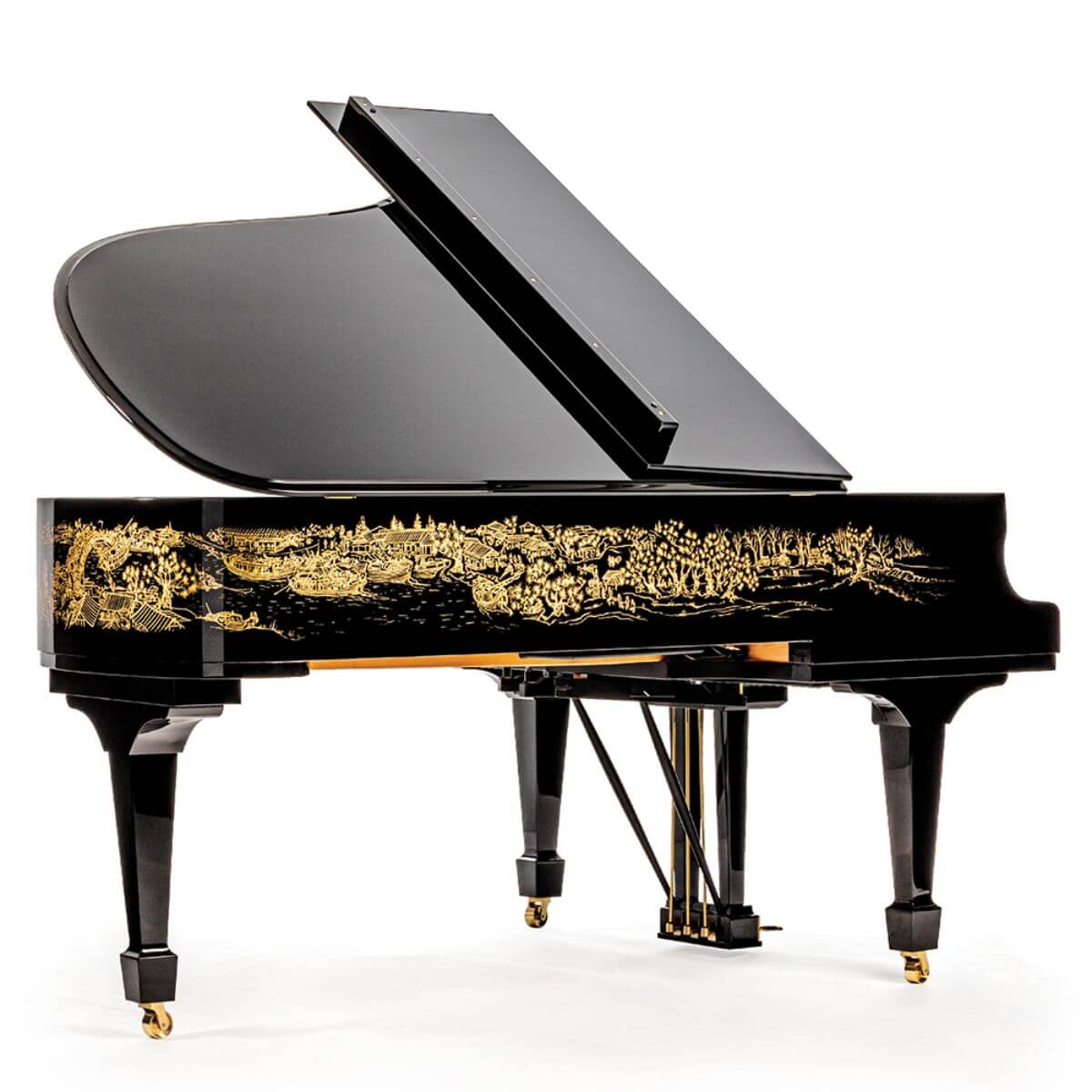 rear shot of piano showing the Qing Ming artwork