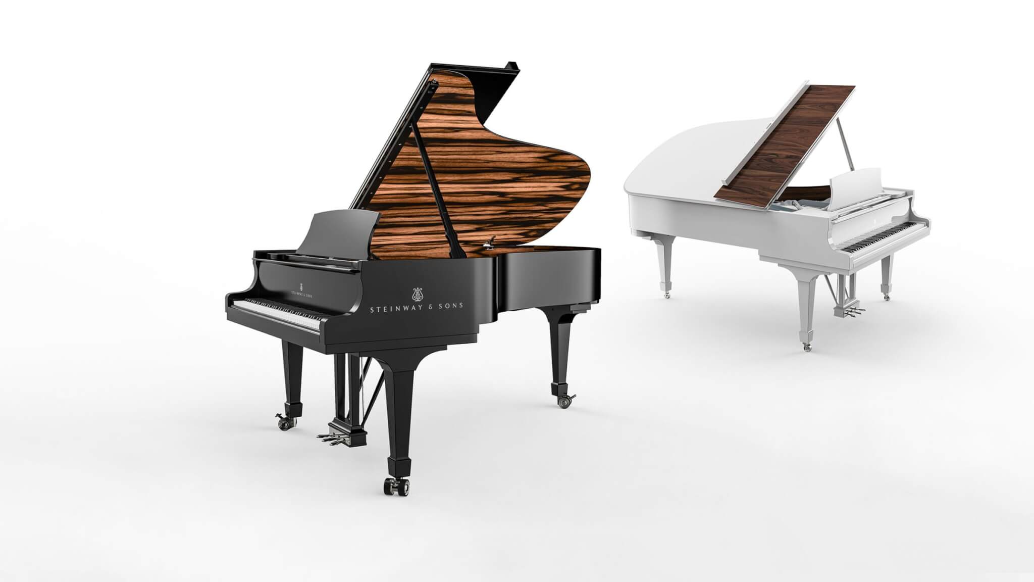Ebony + Macassar Ebony and White + Santos Rosewood pianos