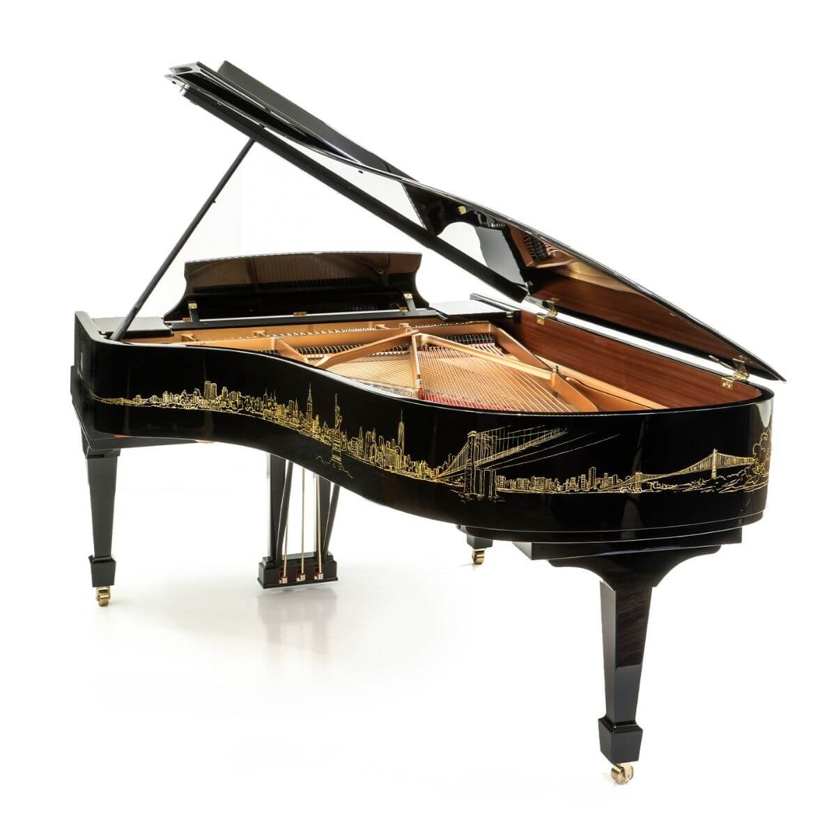 rear shot of piano showing the skyline design artwork