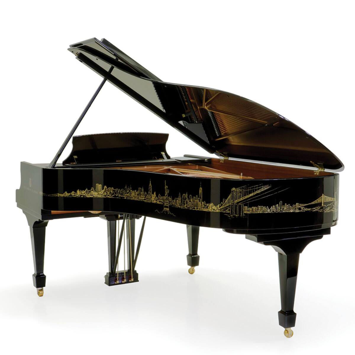 rear shot of piano showing the skyline design artwork