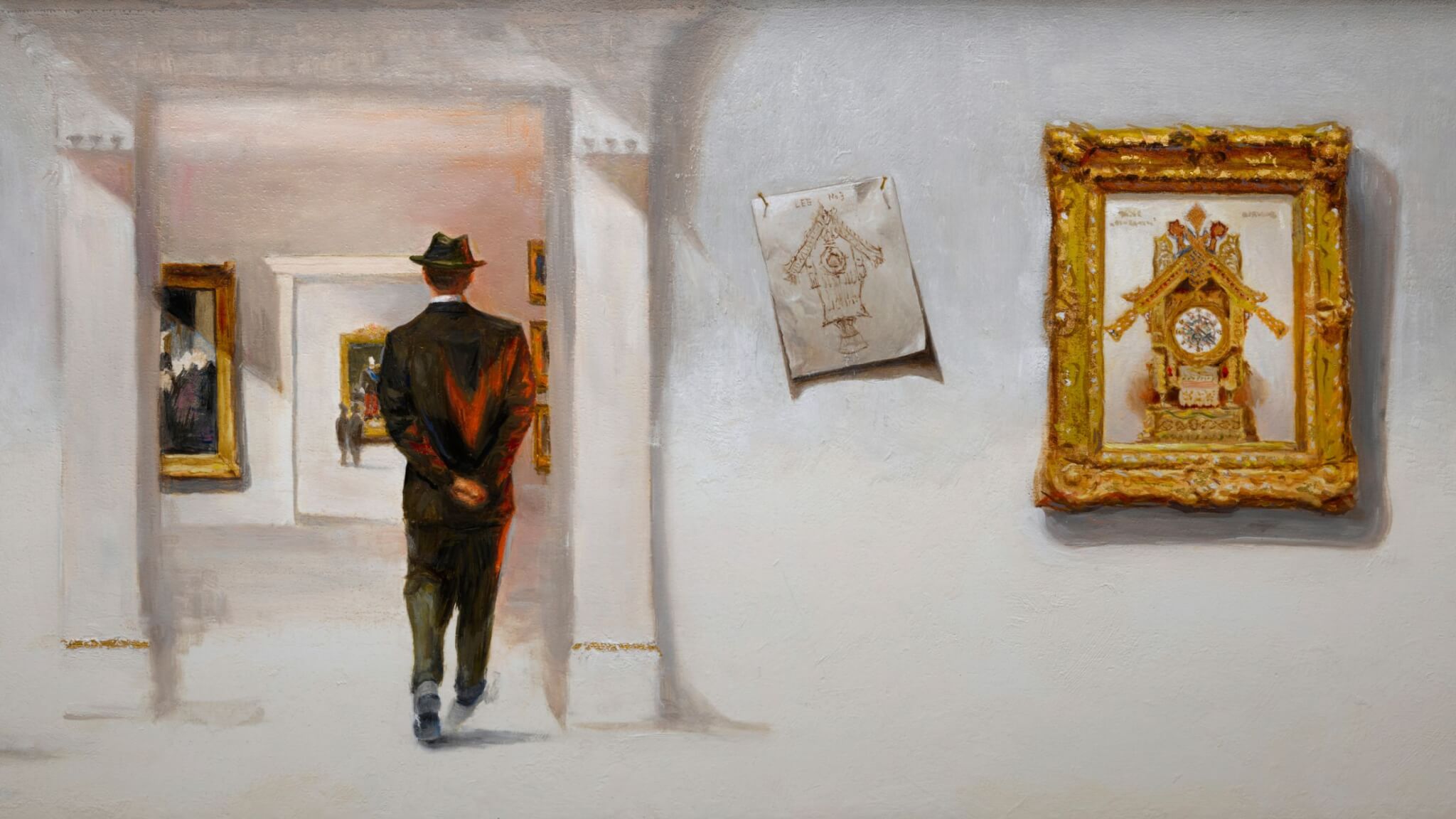 painting of man standing near doorway with back facing the viewer