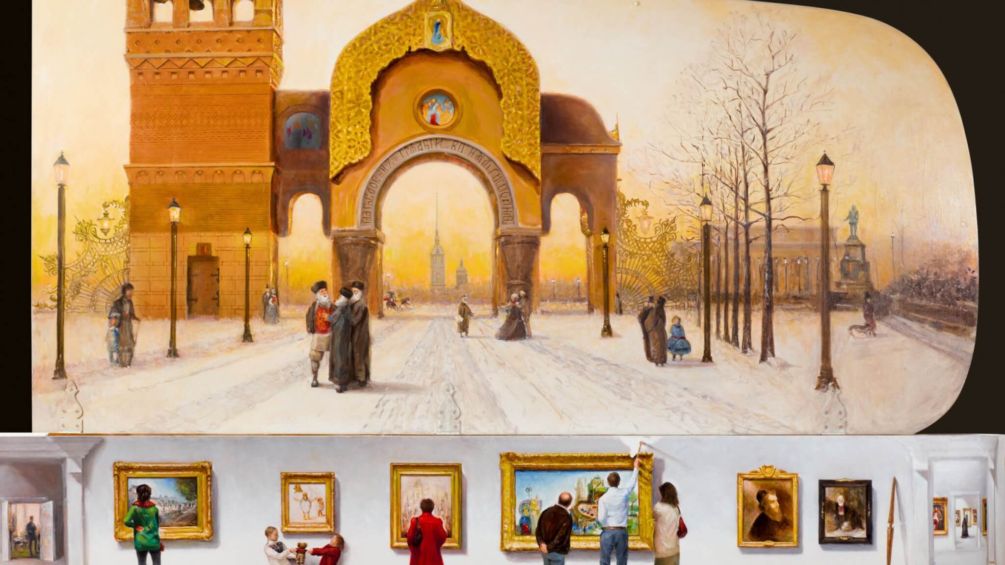 painting of people outside with wintery scene outside