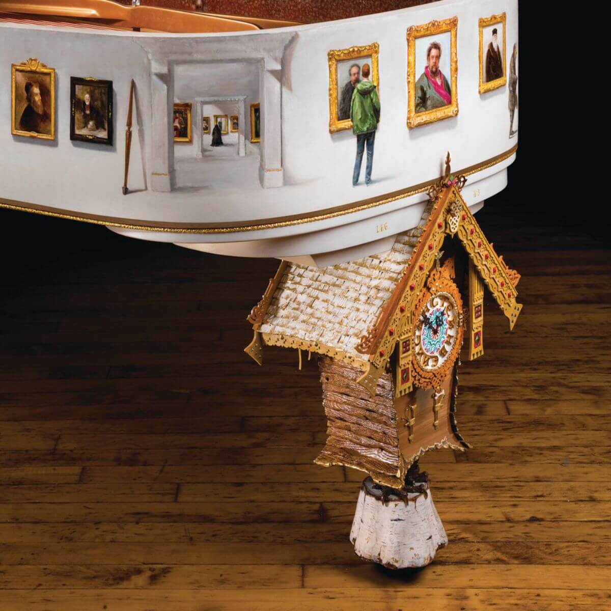 closeup of painting showing art exhibition. The leg of piano is in shape of bird house