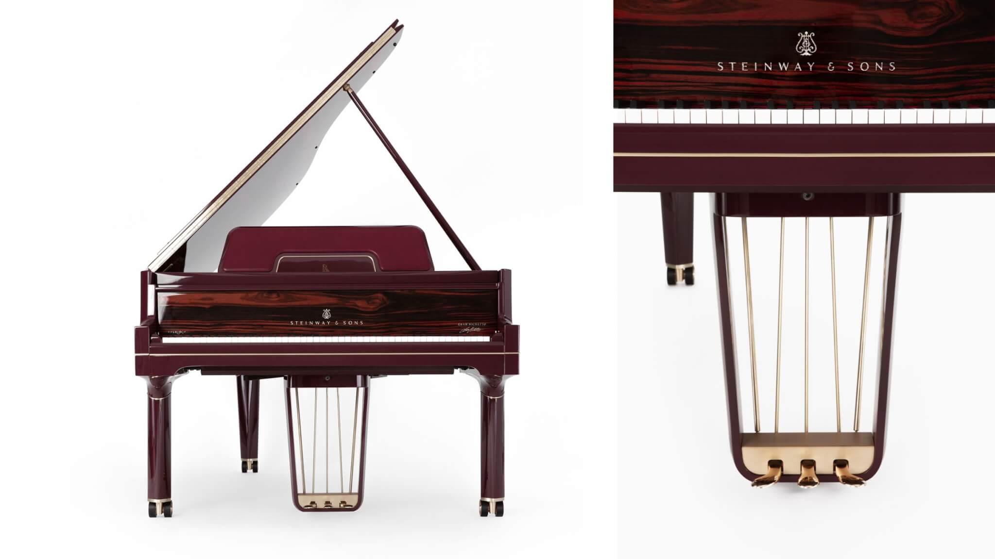Front and pedal view of Nichetto Midnight red piano