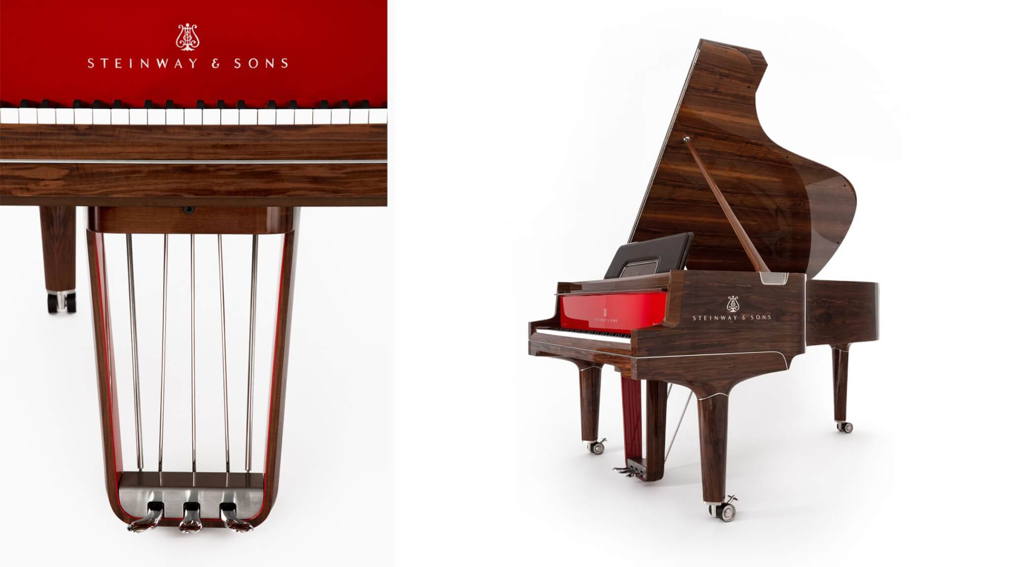 quarter & pedal view of the Gran Nichetto Model B — The Walnut Veneer Polished
