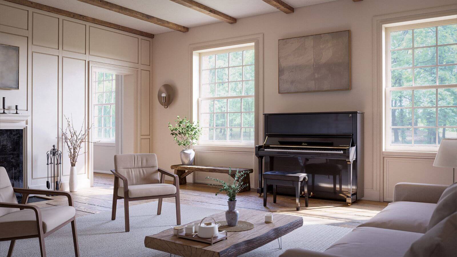 Upright black piano in modern living room
