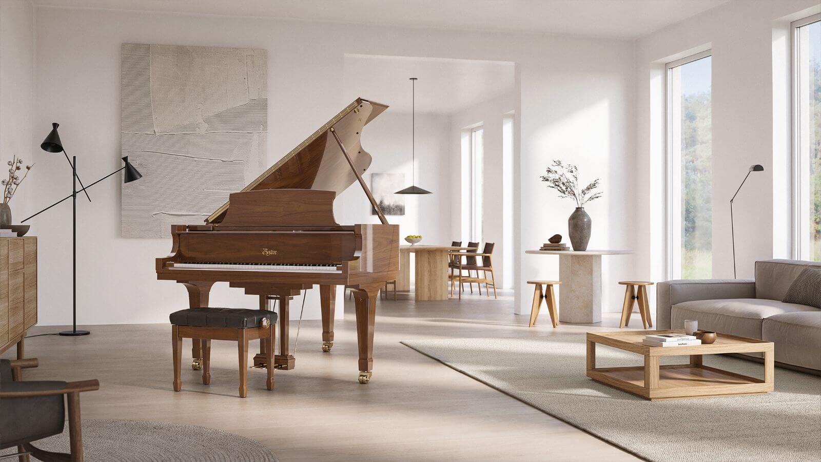 Brown Steinway grand piano inside of a modern living room