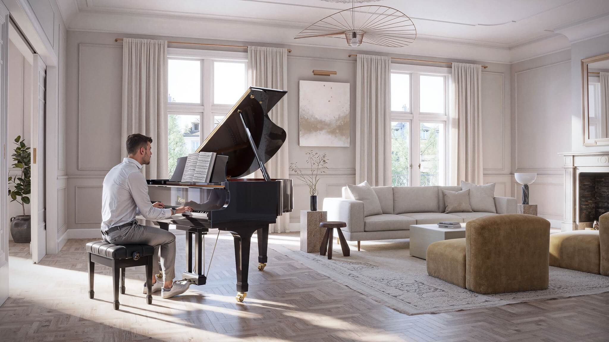 Male inside a large living room playing on a Steinway piano