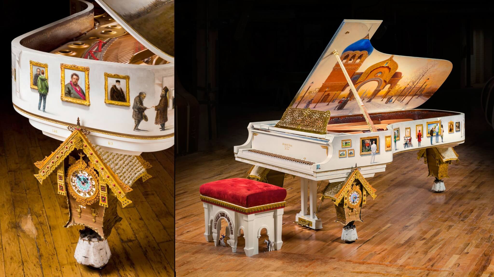 leg of piano is made in the shape of birdhouse. Also the shot shows the painting portion of an art exhbition