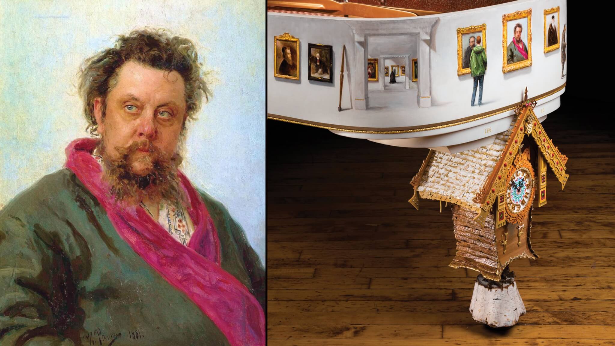 closeup of portrait inside the painting. The other half of the image shows the painting located on the back side of the piano. The piano has legs in the shape of a birdhouse