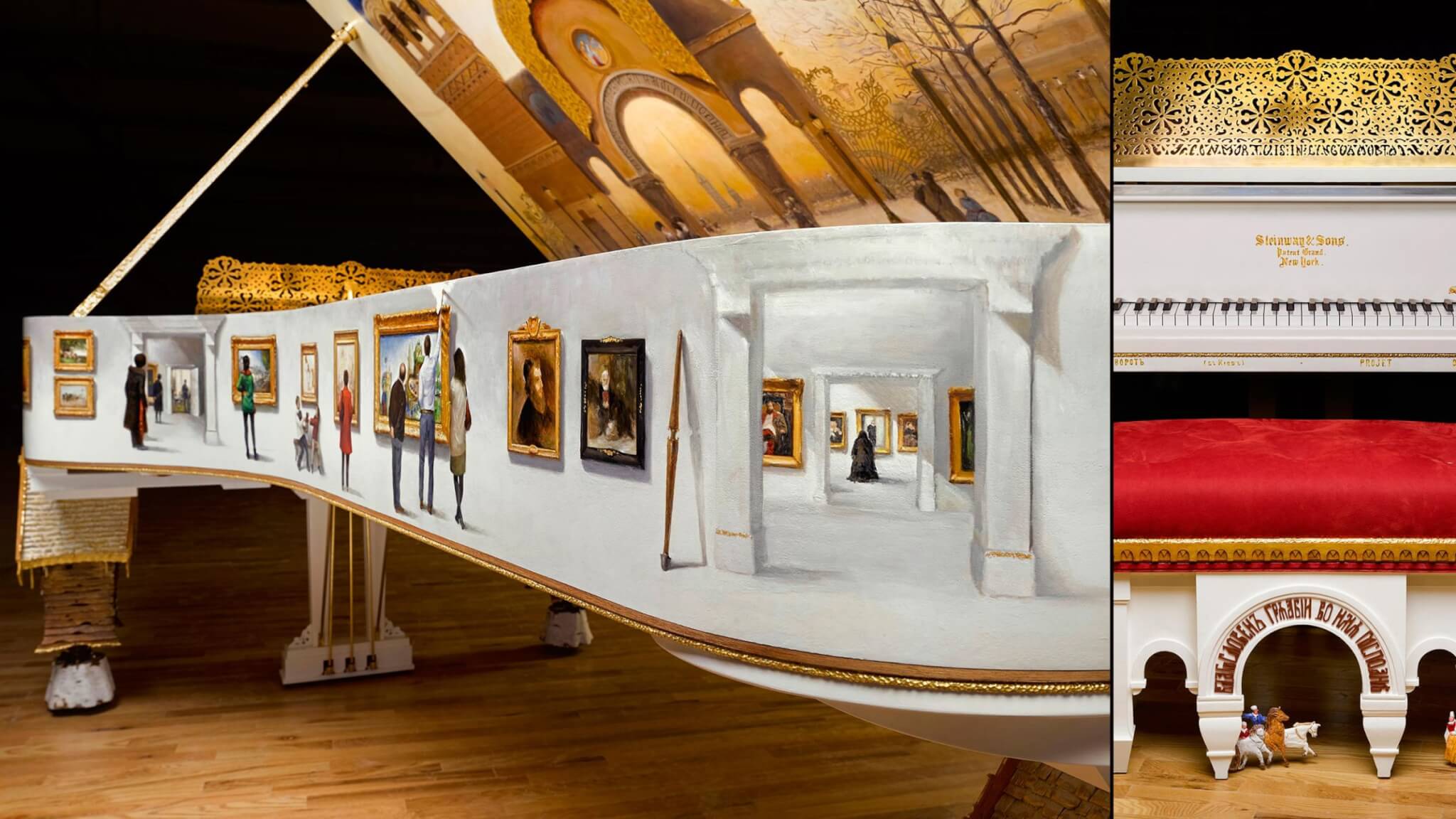 closeup of side view of piano, the painting shows people inside an art exhibition