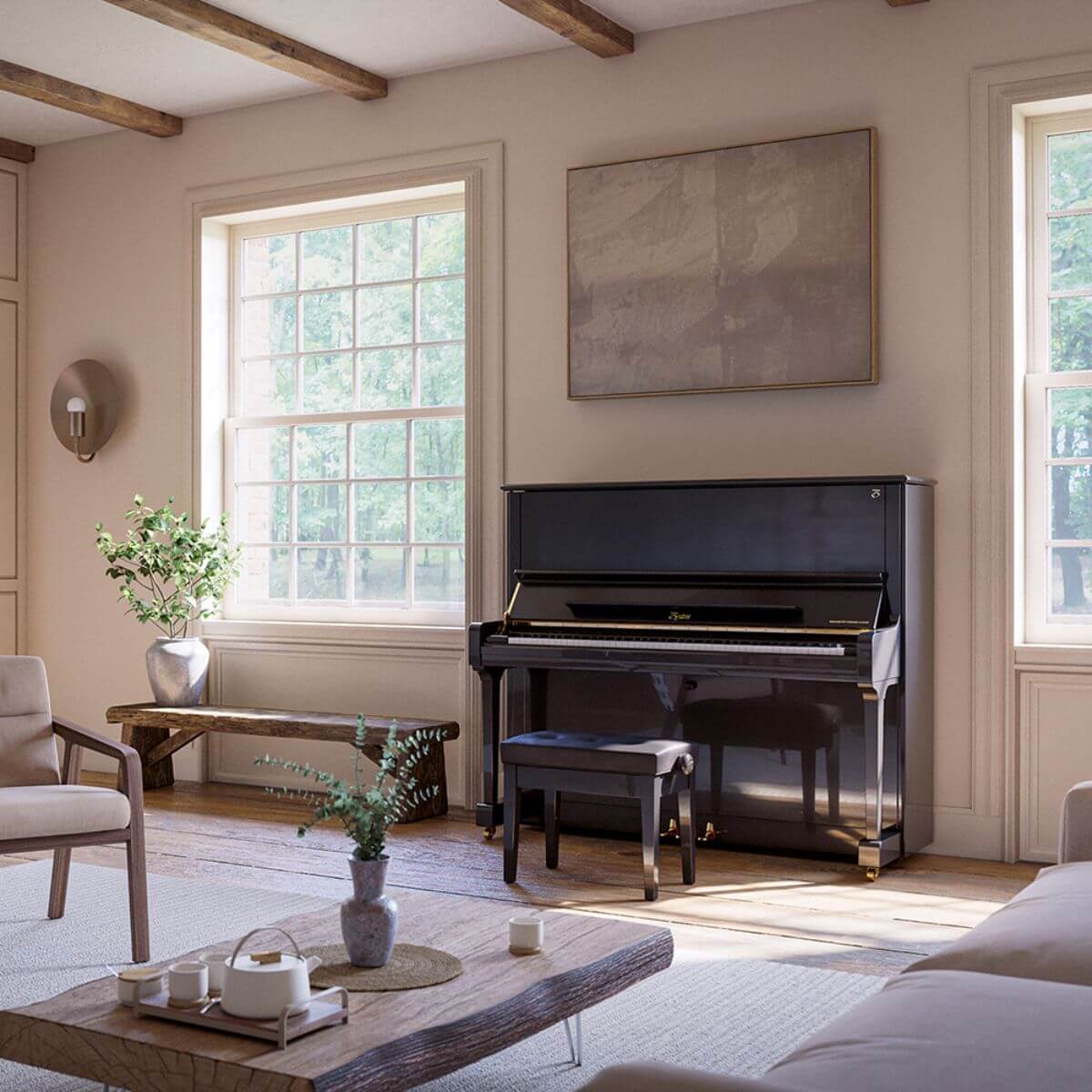 Black Steinway upright piano inside a living room
