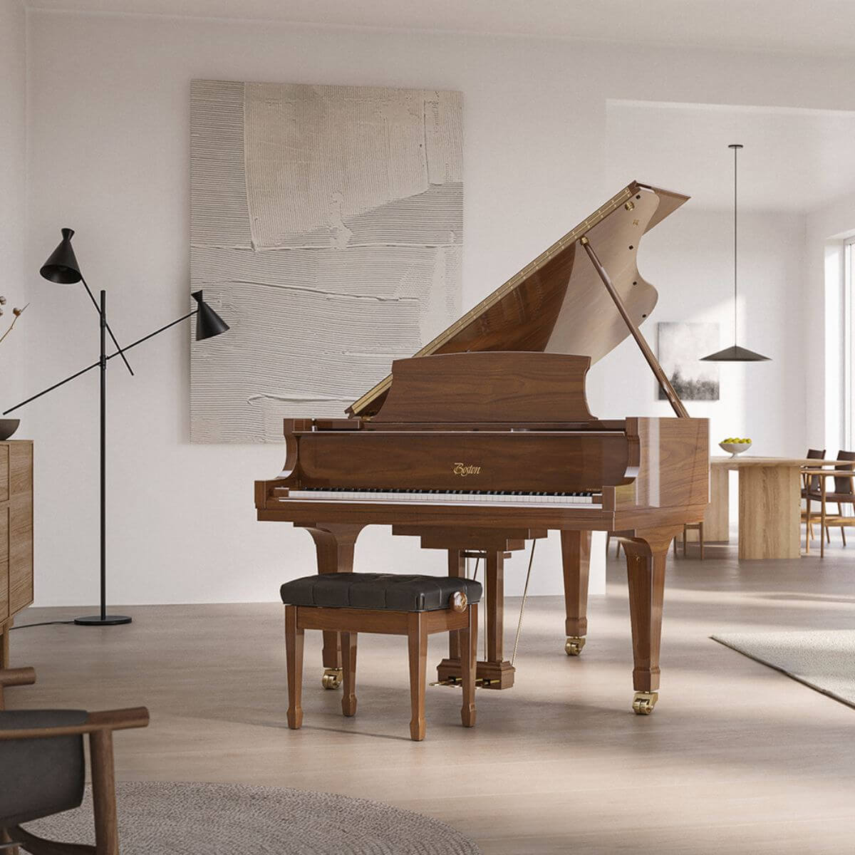 Boston brown piano inside an modern living area