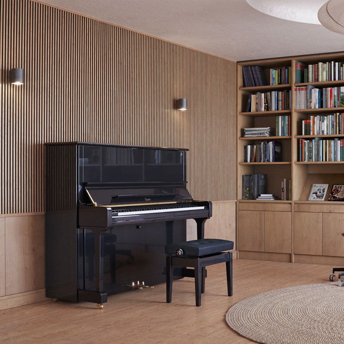 Black Upright Steinway Piano in living room with book shelf in the background