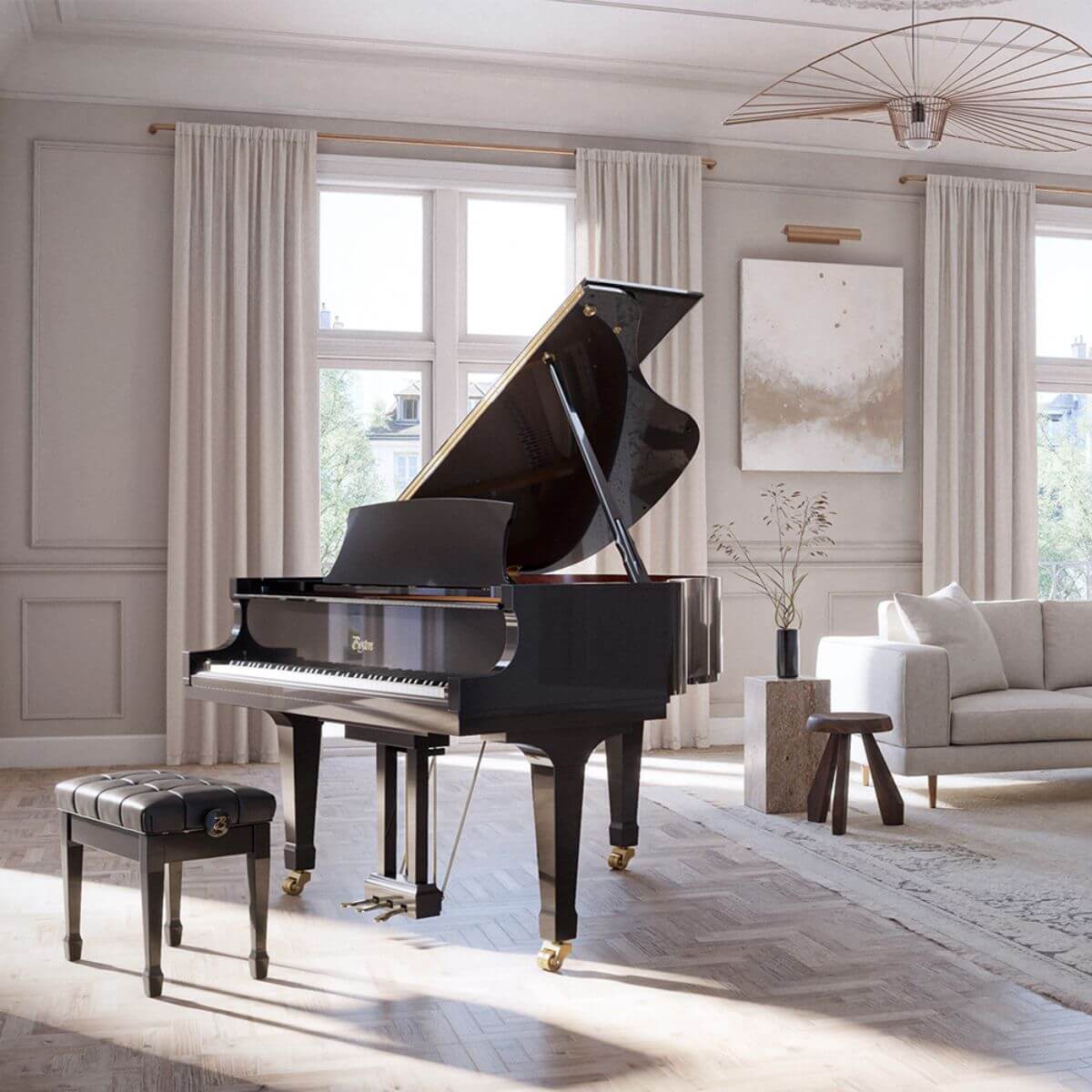 Black Steinway grand piano inside of a modern living room